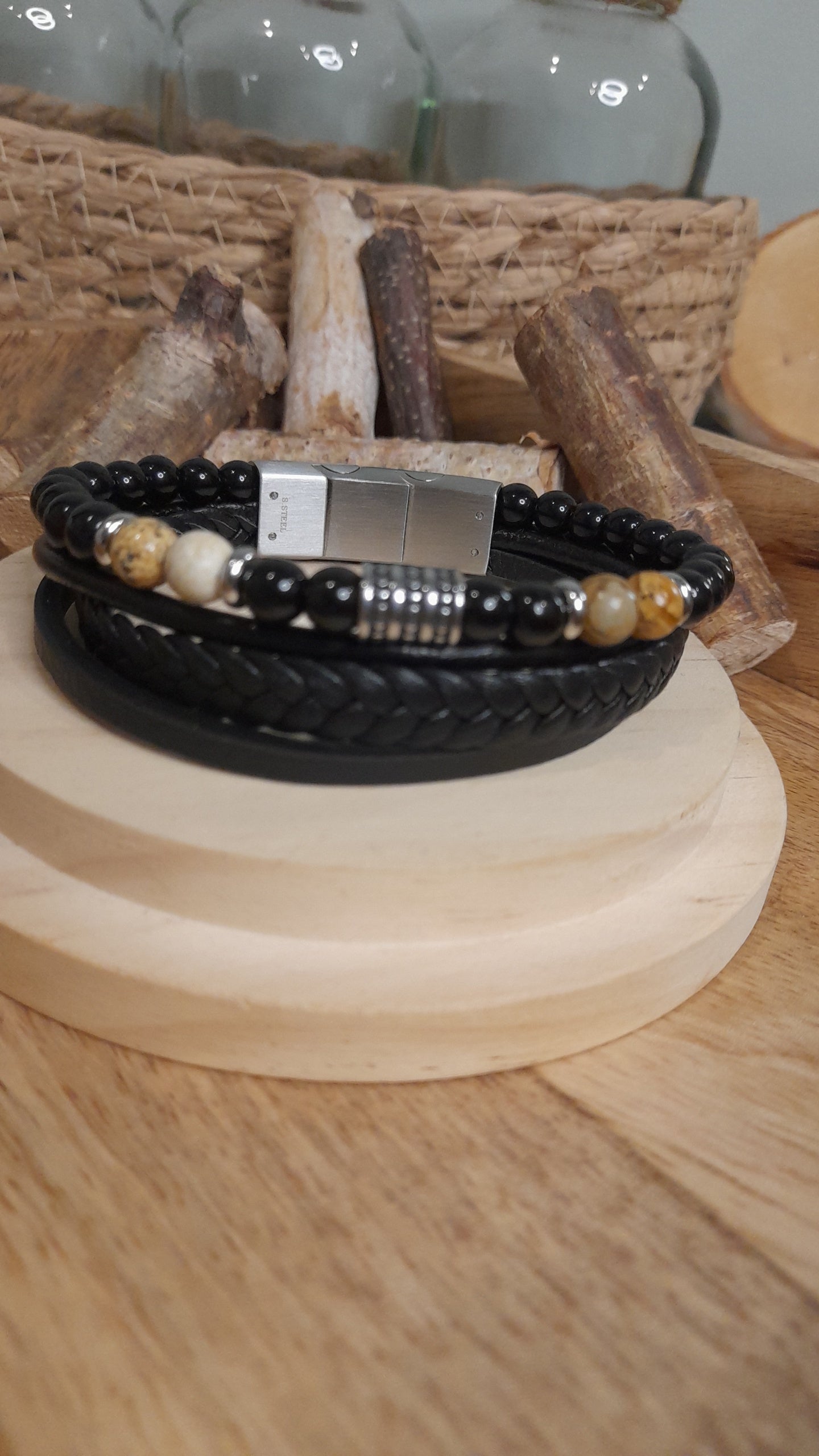 Bracelet TANKAI Cuir Noir et Pierres Naturelles