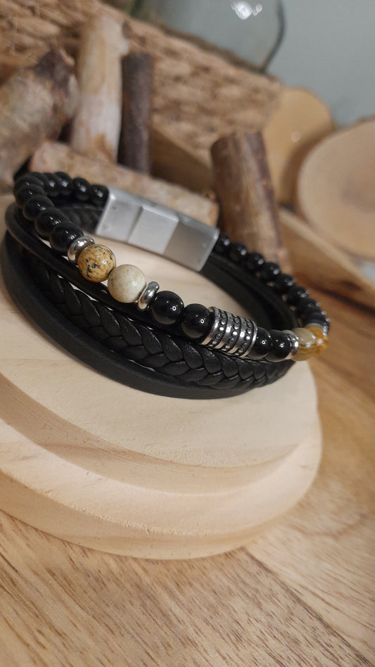 Bracelet TANKAI Cuir Noir et Pierres Naturelles