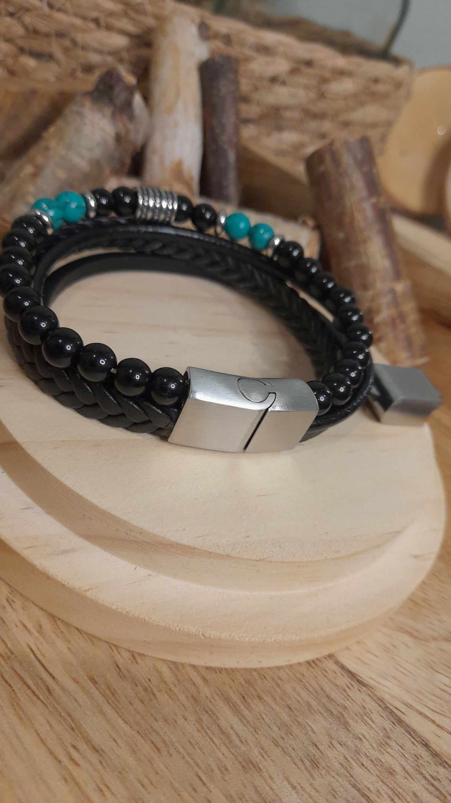 Bracelet TANKAI Cuir Noir et Pierres Naturelles