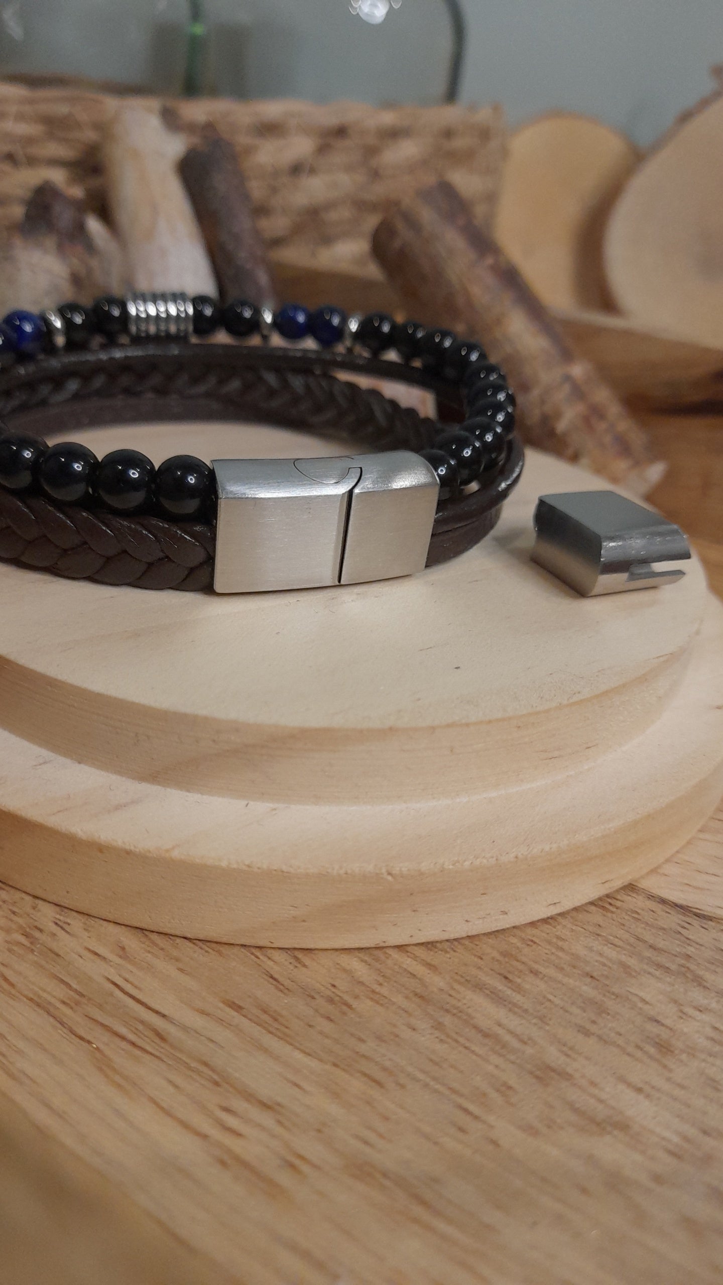Bracelet TANKAI Cuir Noir et Pierres Naturelles