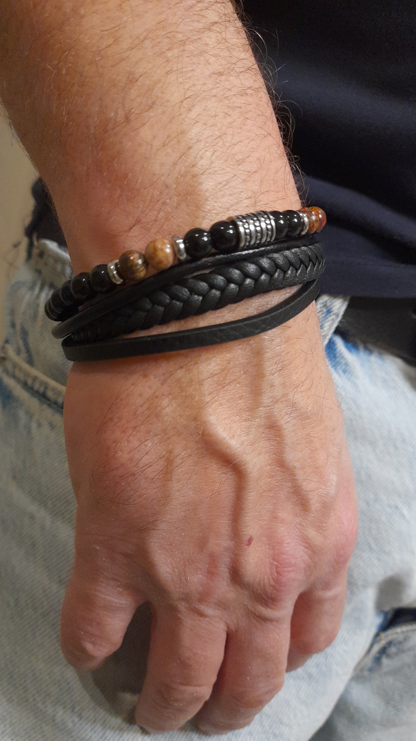 Bracelet TANKAI Cuir Noir et Pierres Naturelles