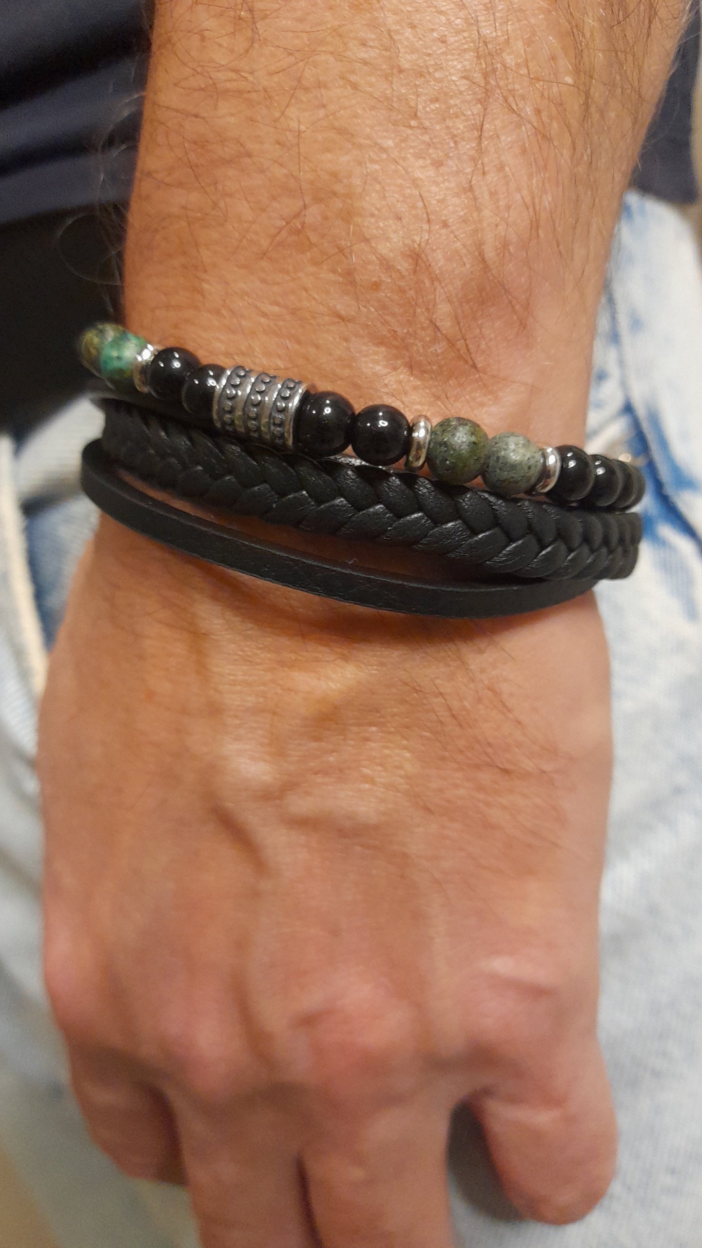Bracelet TANKAI Cuir Noir et Pierres Naturelles