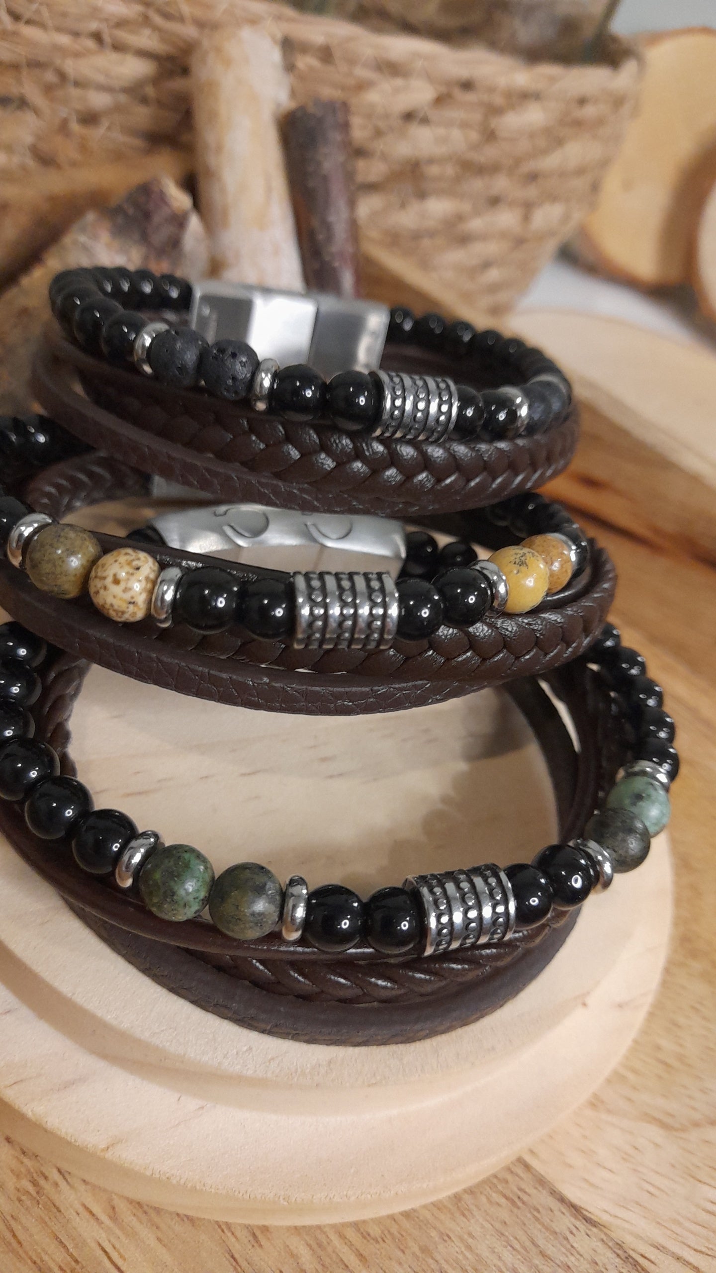 Bracelet TANKAI Cuir Noir et Pierres Naturelles