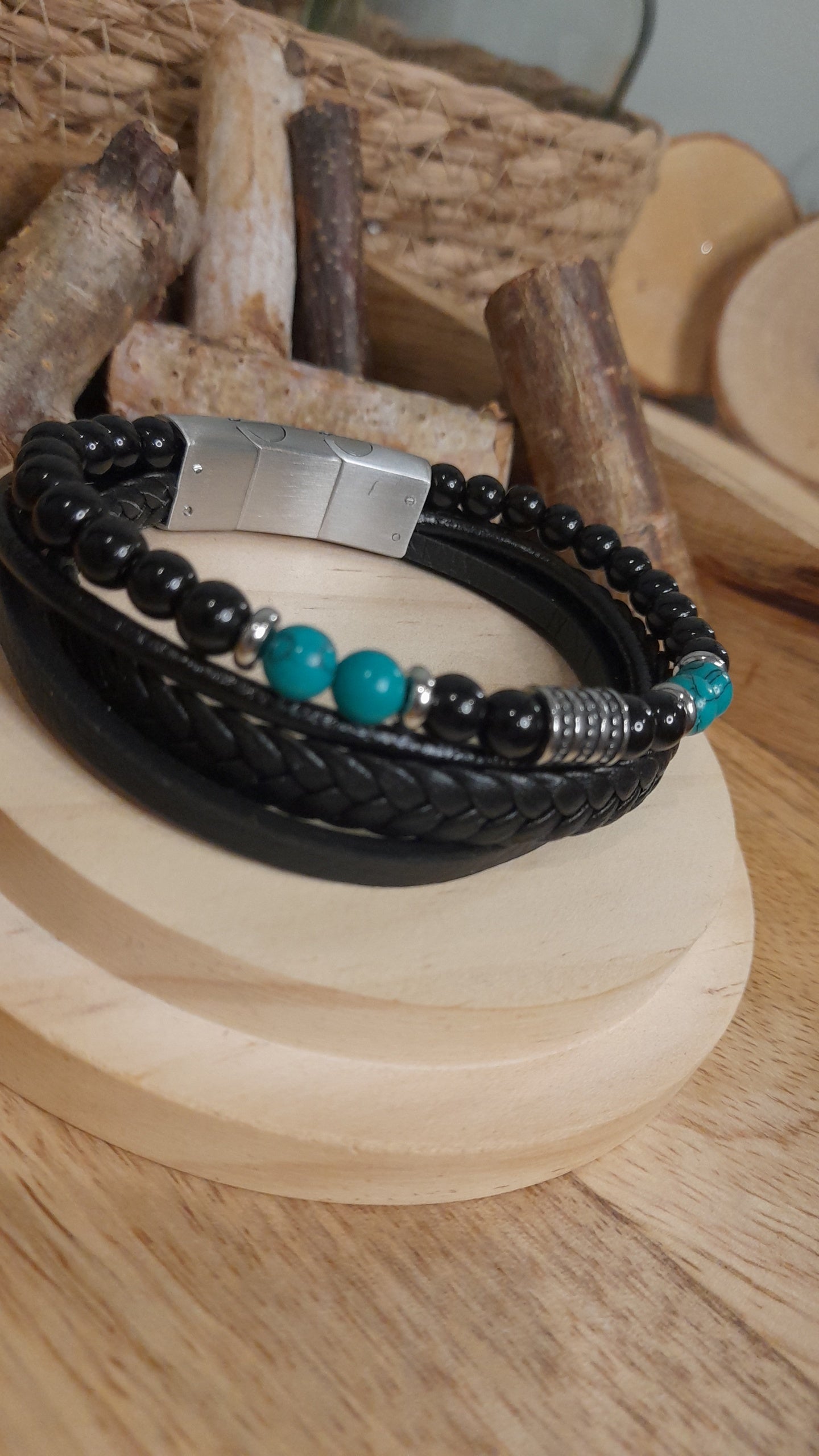 Bracelet TANKAI Cuir Noir et Pierres Naturelles