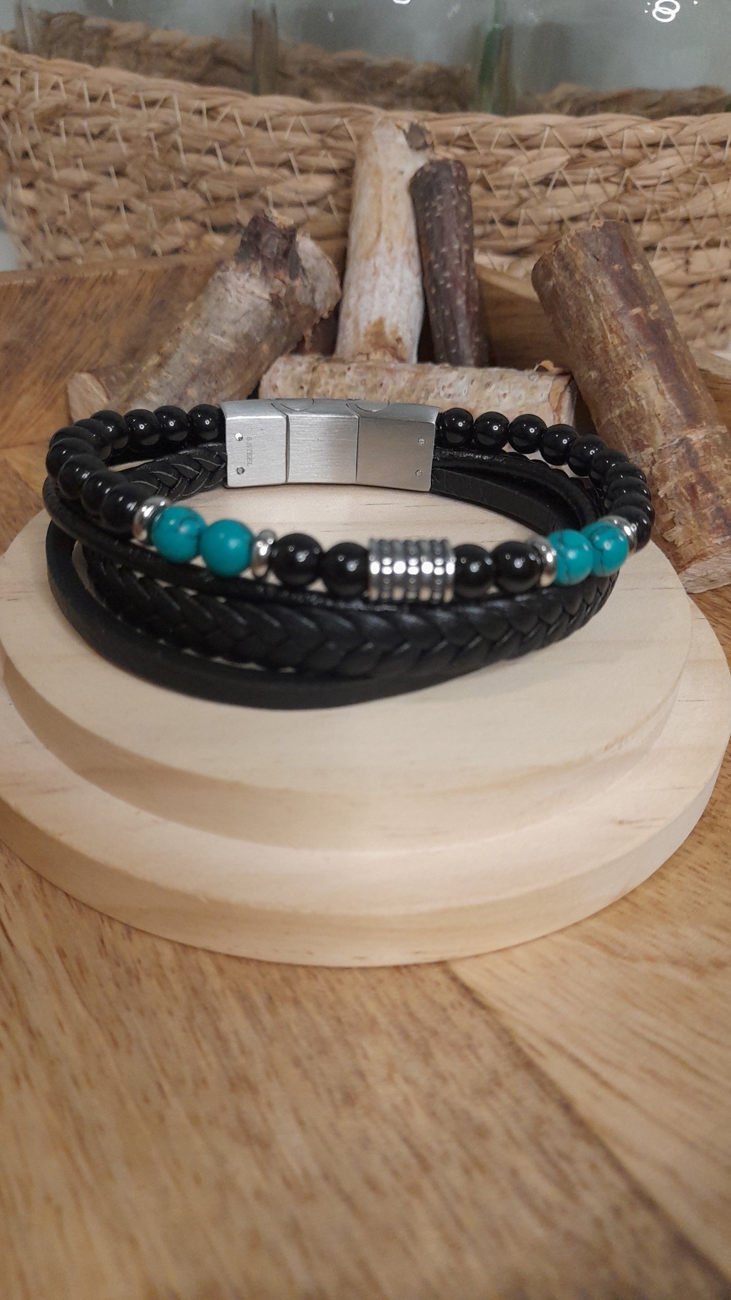 Bracelet TANKAI Cuir Noir et Pierres Naturelles