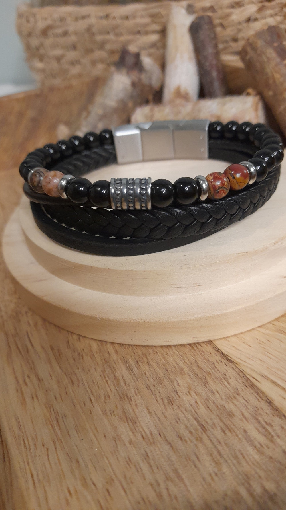 Bracelet TANKAI Cuir Noir et Pierres Naturelles