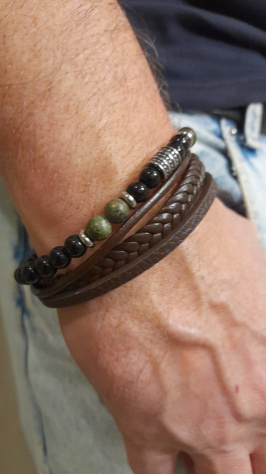 Bracelet TANKAI Cuir marron et Pierres Naturelles