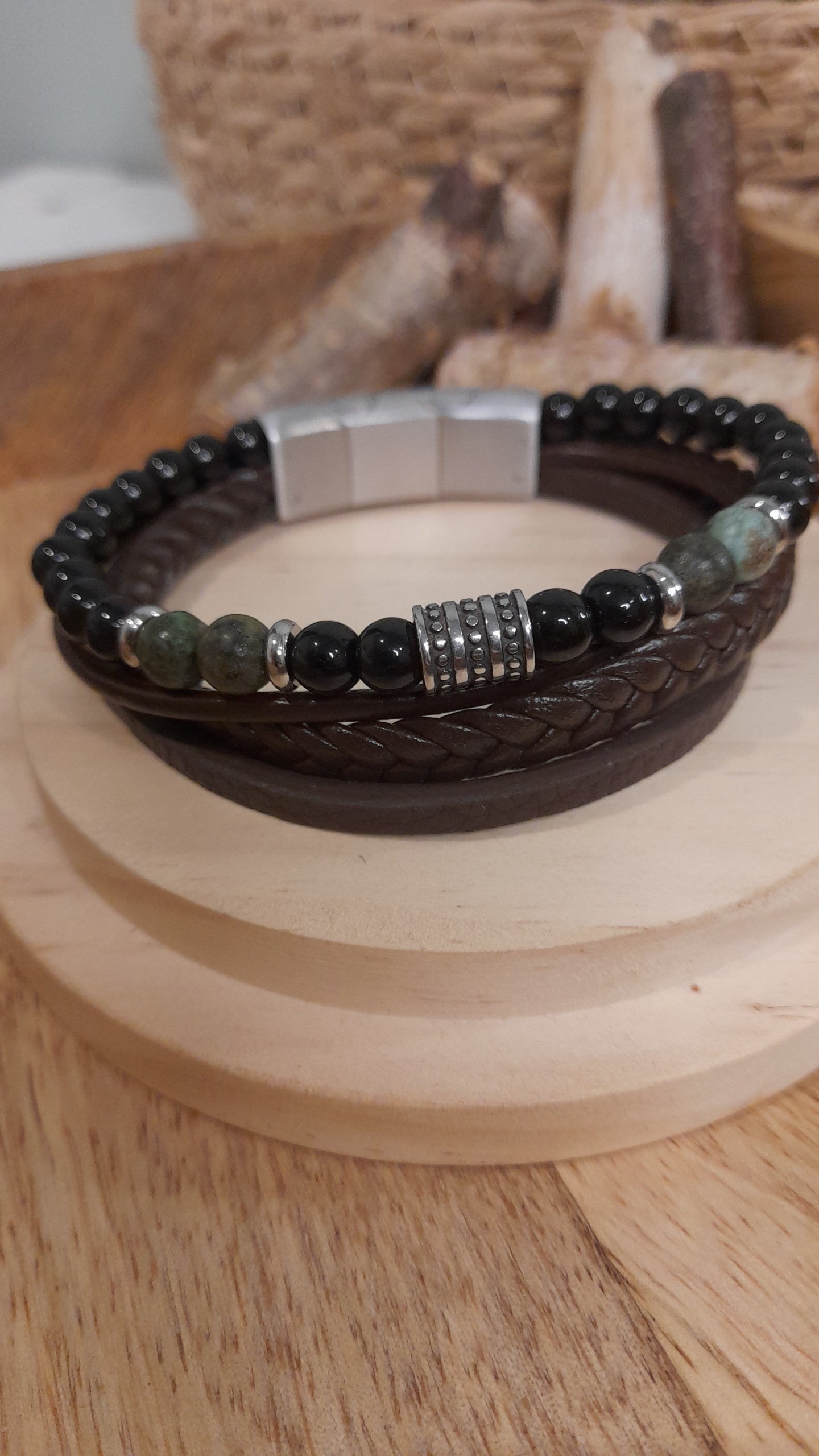 Bracelet TANKAI Cuir marron et Pierres Naturelles