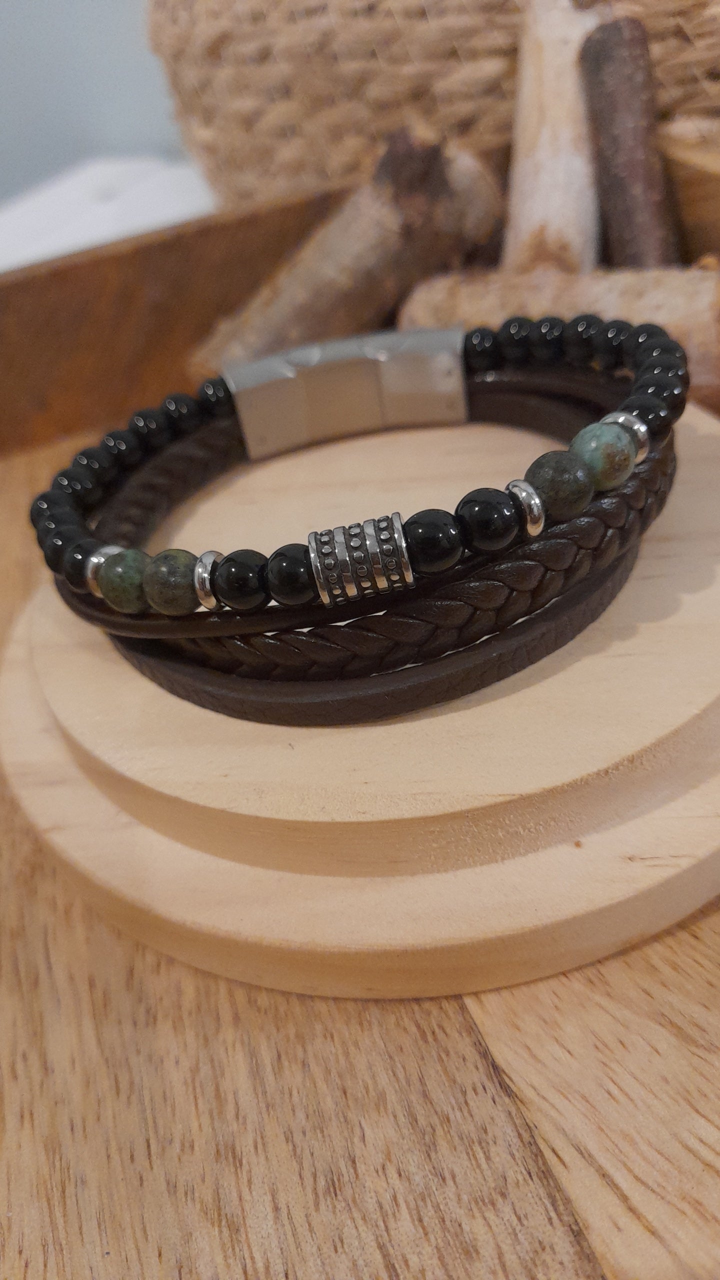 Bracelet TANKAI Cuir marron et Pierres Naturelles
