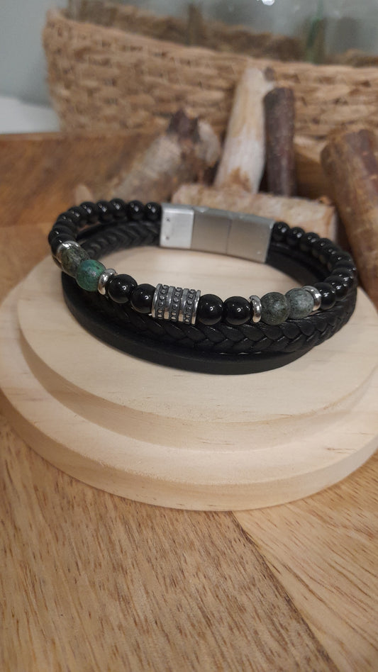 Bracelet TANKAI Cuir Noir et Pierres Naturelles