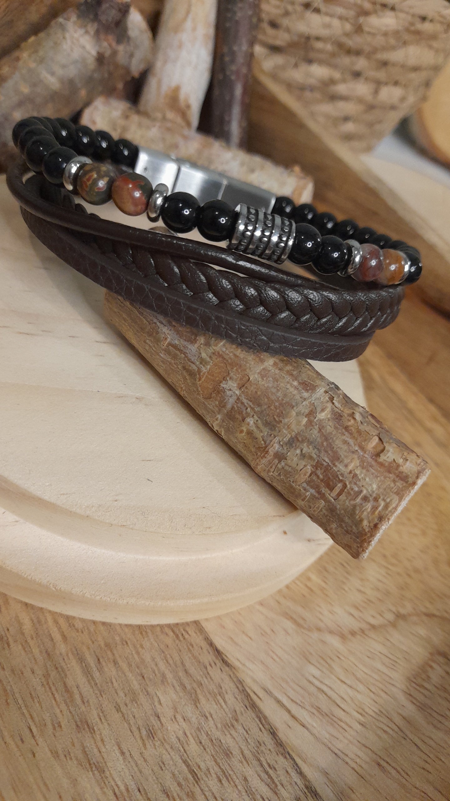 Bracelet TANKAI Cuir marron et Pierres Naturelles