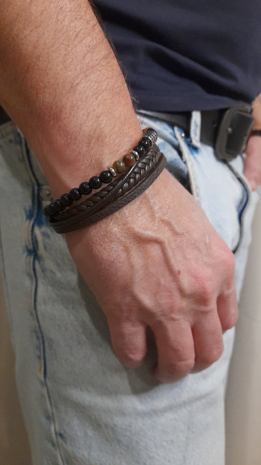 Bracelet TANKAI Cuir marron et Pierres Naturelles