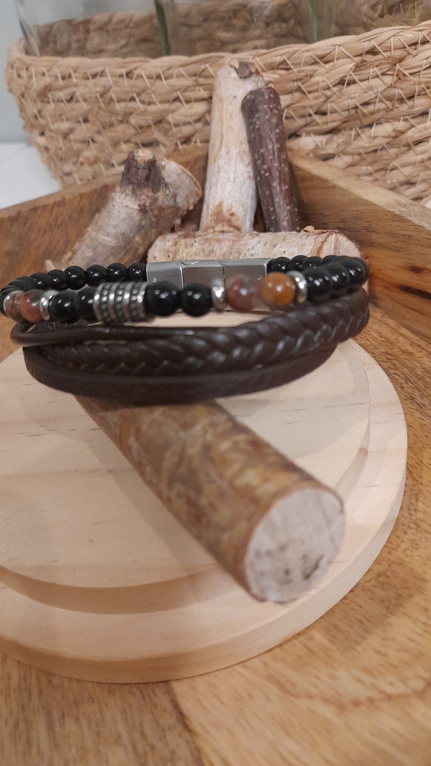 Bracelet TANKAI Cuir marron et Pierres Naturelles