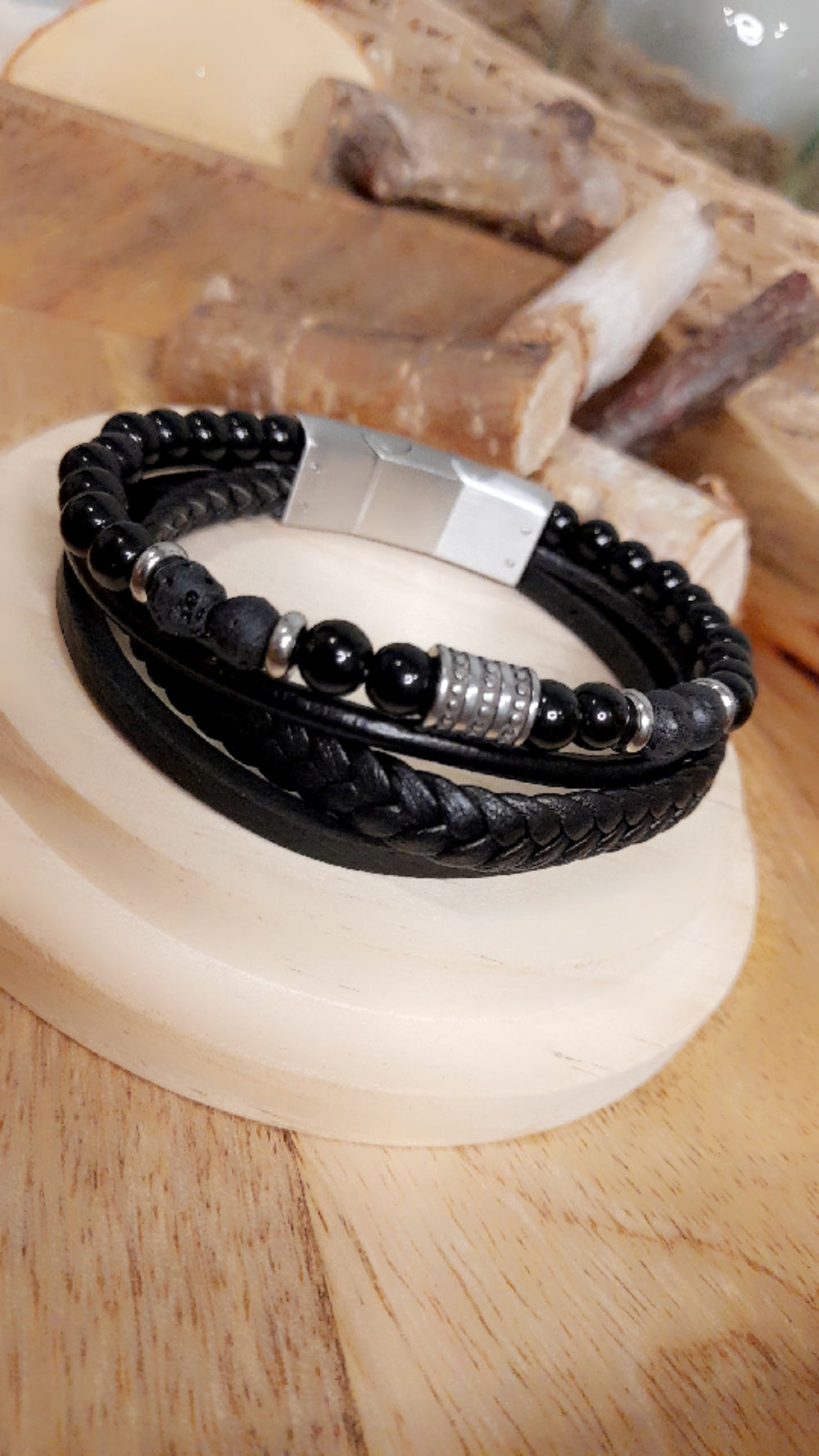 Bracelet TANKAI Cuir Noir et Pierres Naturelles