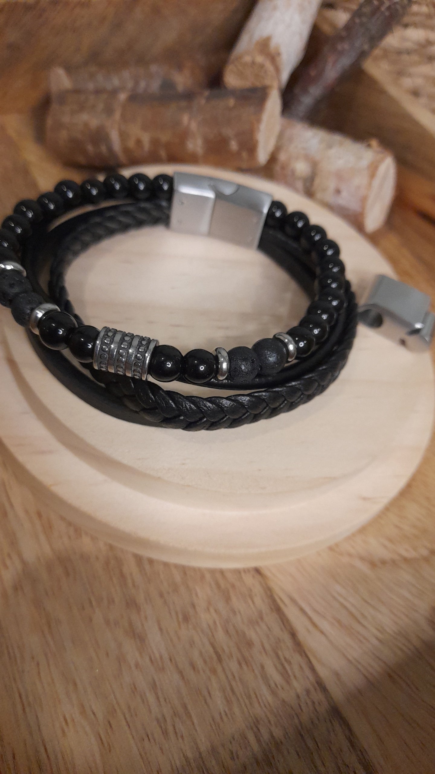 Bracelet TANKAI Cuir Noir et Pierres Naturelles