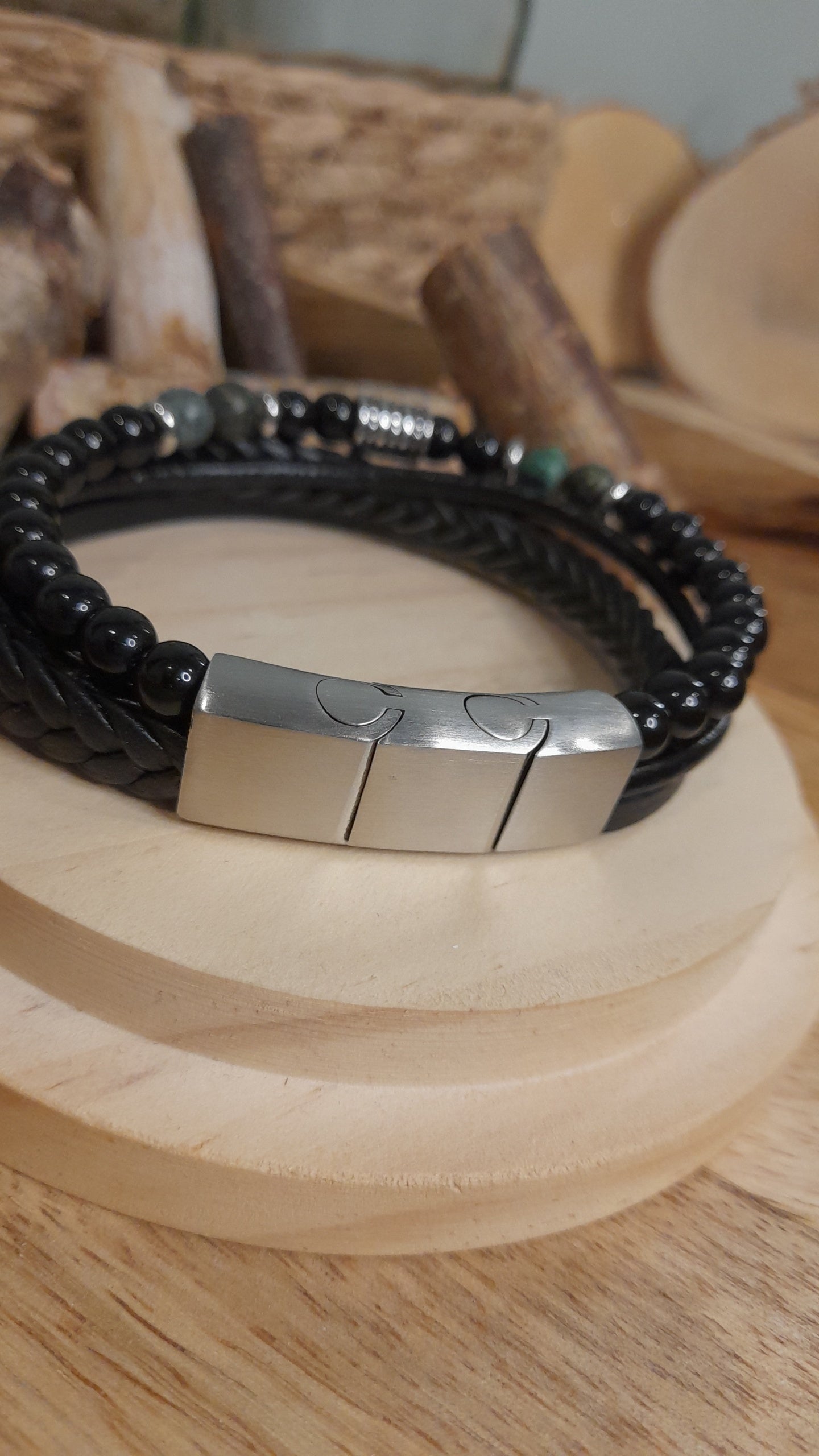Bracelet TANKAI Cuir Noir et Pierres Naturelles
