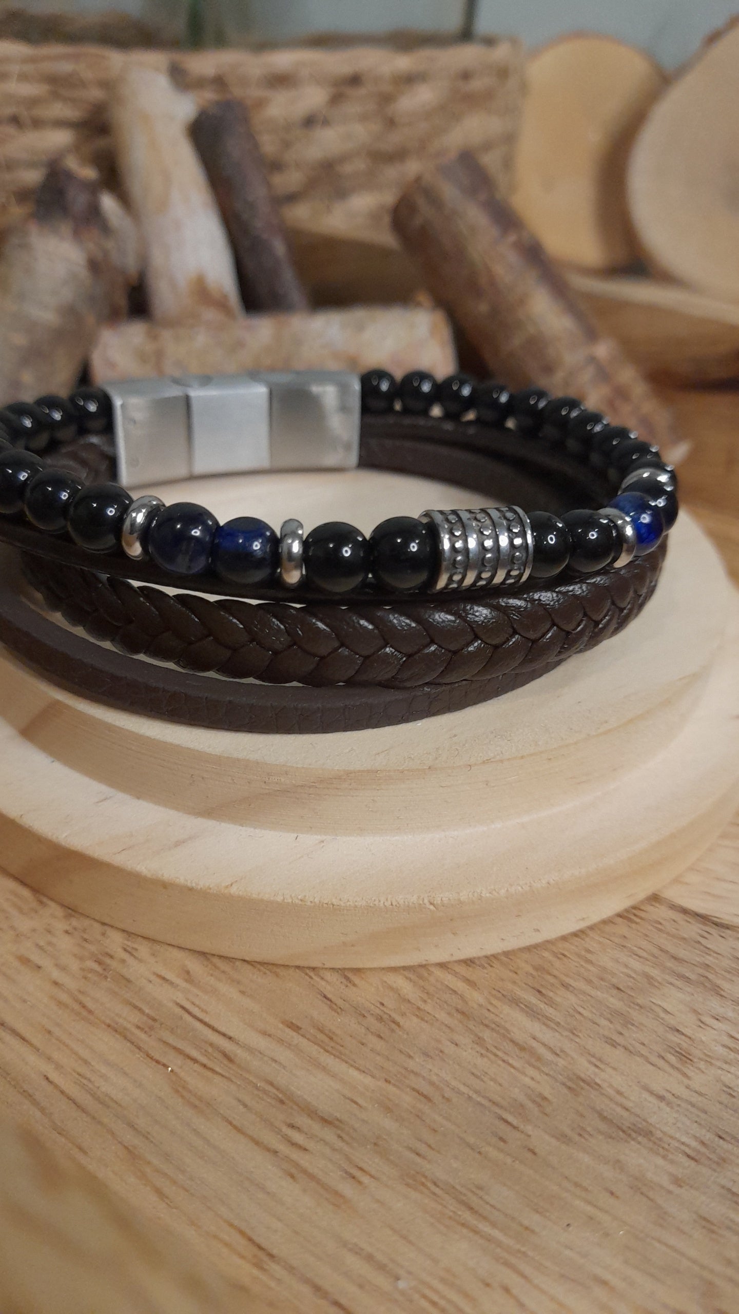 Bracelet TANKAI Cuir Noir et Pierres Naturelles