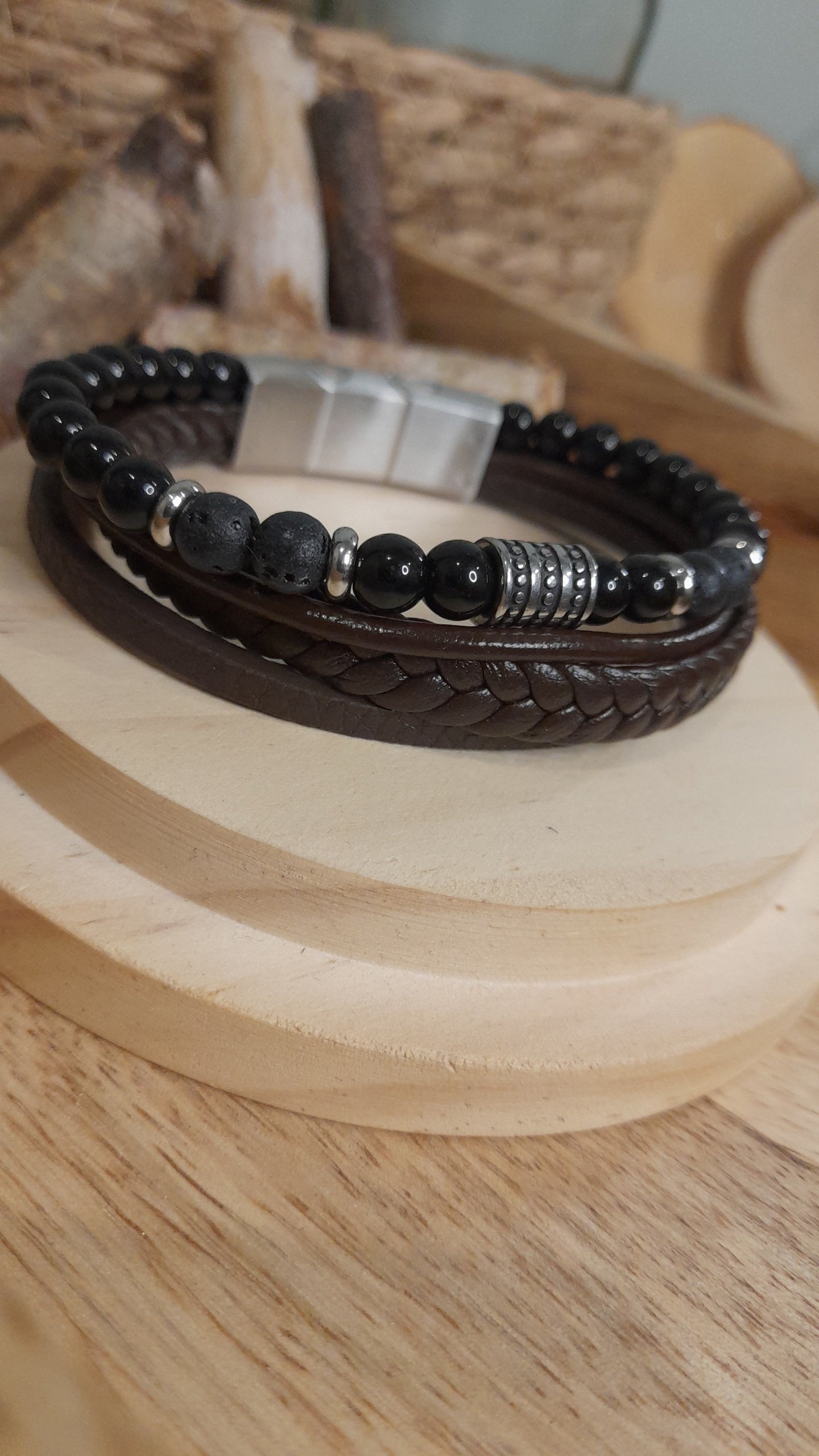 Bracelet TANKAI Cuir marron et Pierres Naturelles