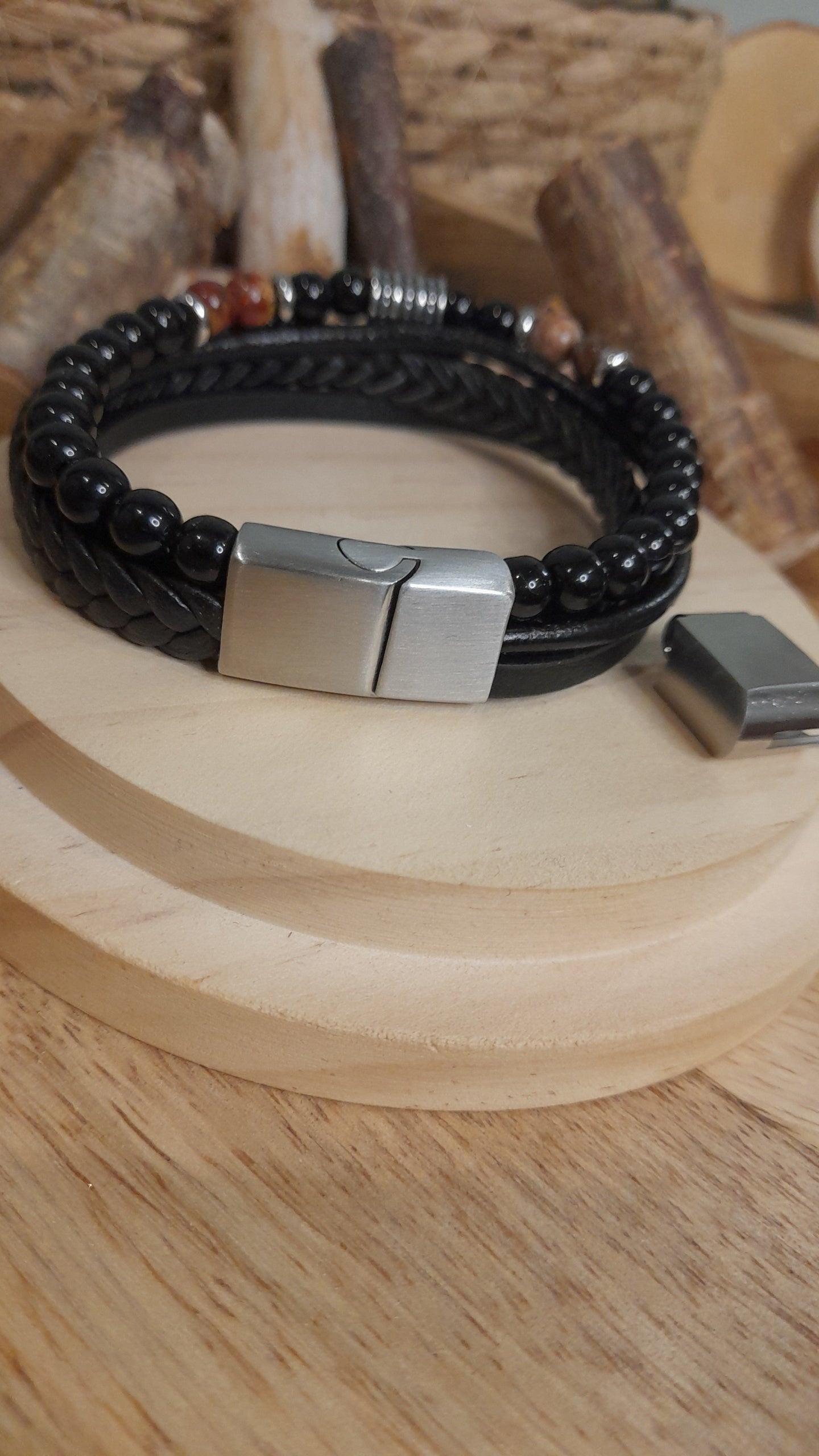 Bracelet TANKAI Cuir Noir et Pierres Naturelles