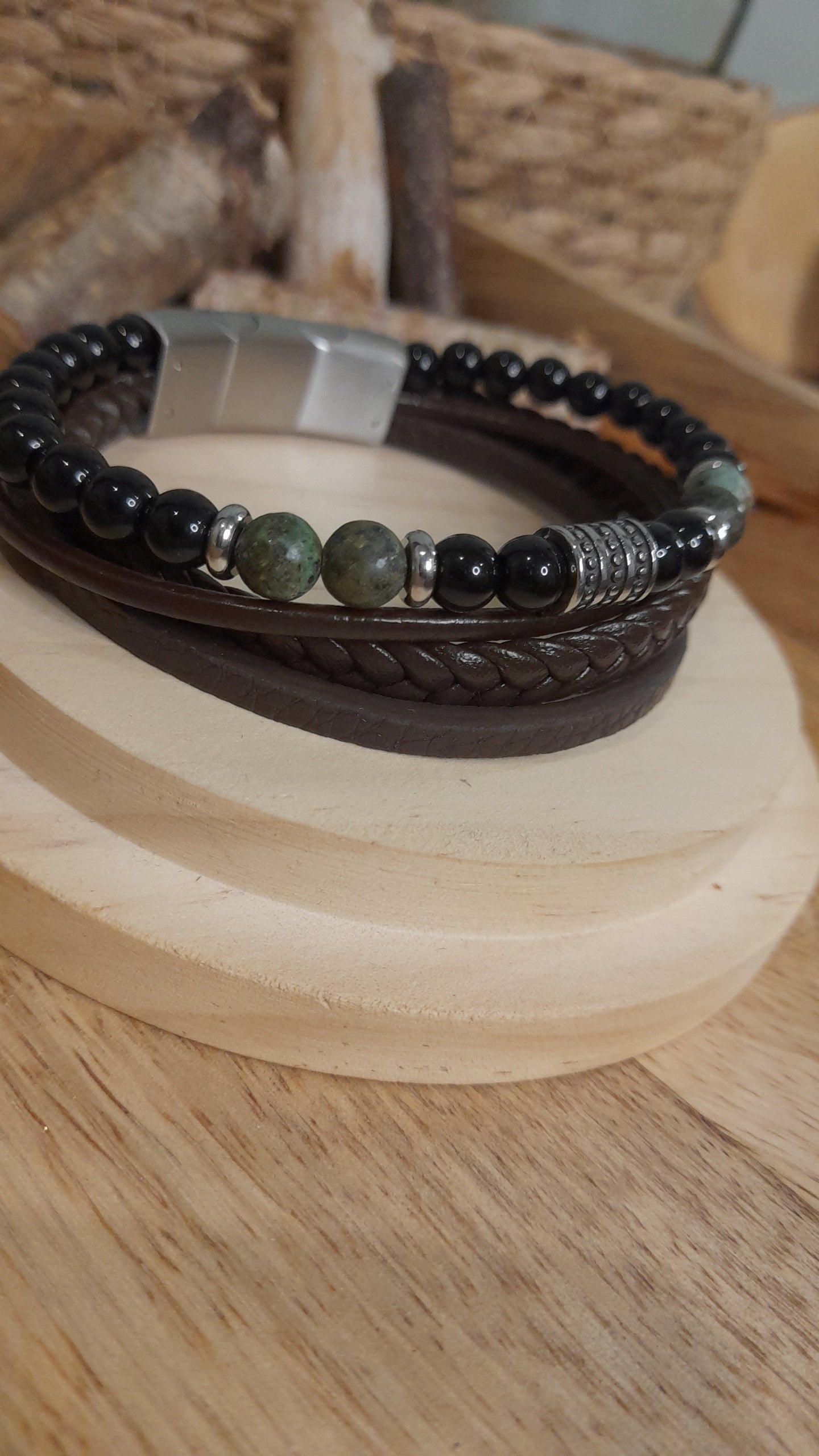 Bracelet TANKAI Cuir marron et Pierres Naturelles