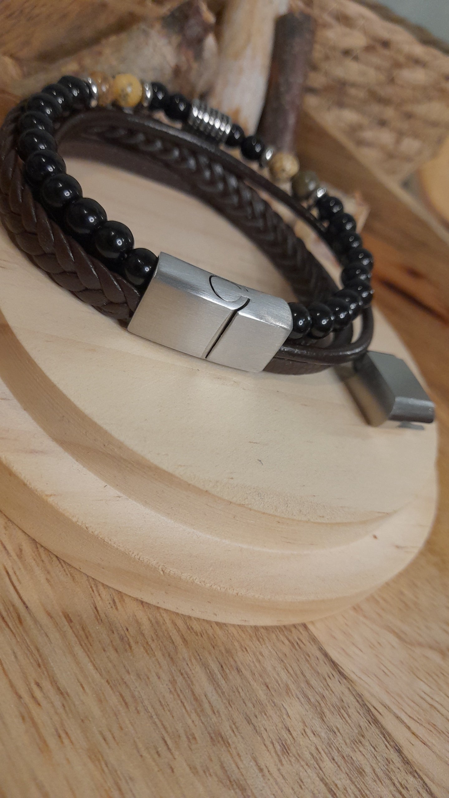 Bracelet TANKAI Cuir marron et Pierres Naturelles