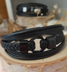 Bracelet Arokaï cuir noir et fermoir noir